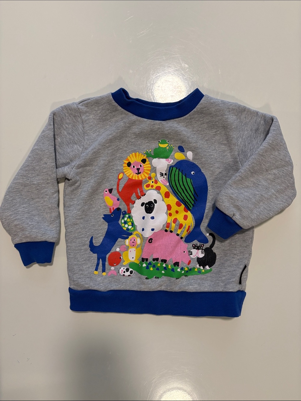 Marimekko Grey Kids Sweatshirt with Colorful Animal Print and Blue Trim